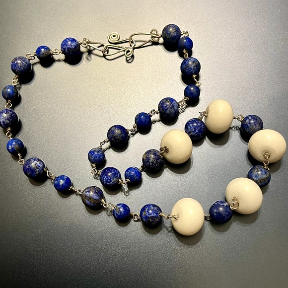 ๐HP๐Lapis Lazuli & White Glass Beads Sterling Jewelry Set - Picture 4 of 10